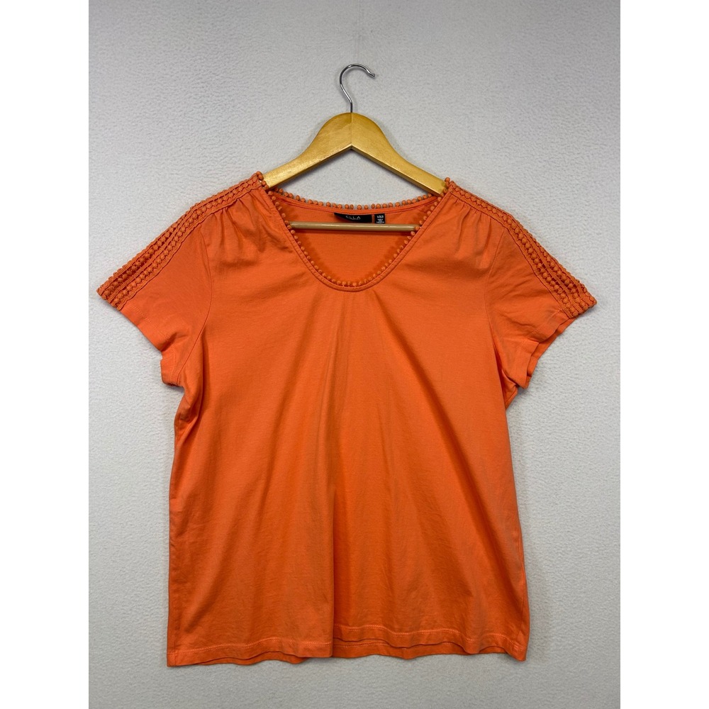 Boho Summer Ella Rafaella Womens Large Orange Crochet Pom Pom V-Neck Tee